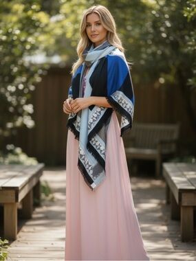 Emilio Pucci Blue & Light Blue Geometric Fringe Wrap